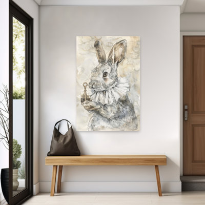 Curious Rabbit Holding Key Elegant Vintage Whimsical Rabbit Forest Wall Art Print by Mathieu - Wrapped Canvas Print