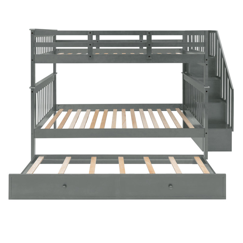 Lit superposé double au-dessus de double avec lit gigogne, rangement et barrière de sécurité pour chambre à coucher, dortoir - gris (ancien SKU: LT000210AAE)