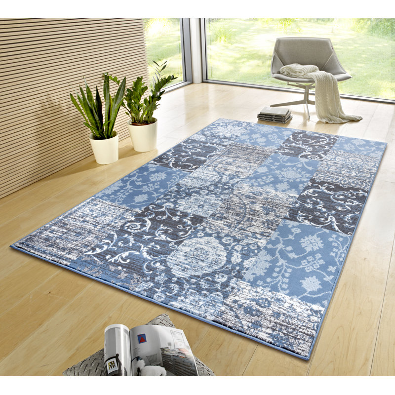 Designer Grey/Sky Blue Rug, Rectangle 80 x 150cm