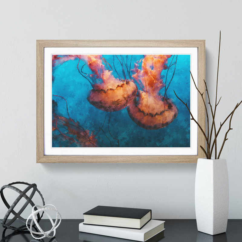Pink Jellyfish - Picture Frame Painting Print, Oak Framed, 45cm H x 63cm W x 2cm D