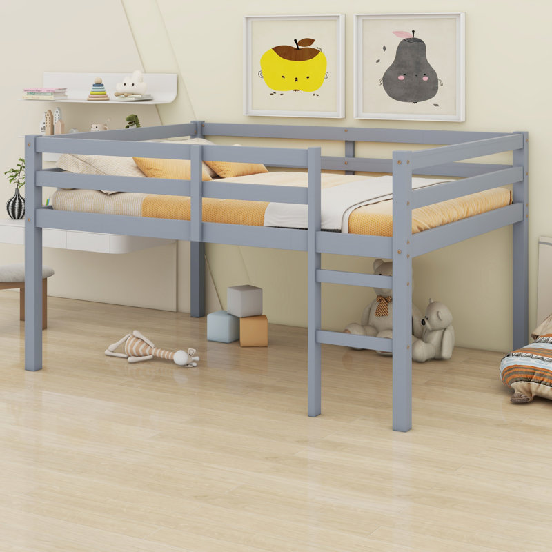 Lit mezzanine en bois avec échelle, gris