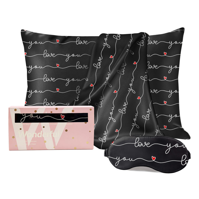 Taie d'oreiller 100% soie avec masque pour les yeux Wonderful Textile, Double, Noir géométrique