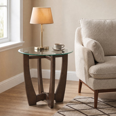 Allaga 23.5" Round Glass Coffee Table with Cherry Wood Base for Living Room & Office