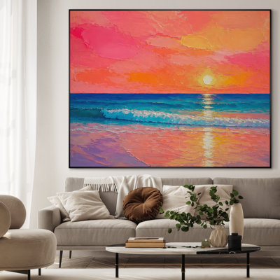 Impression sur toile très grande - «Coral and Sunset Ocean Waves», art mural abstrait pour le salon ou la chambre à coucher - «Assemblage requis du cadre (cadre non fini)»