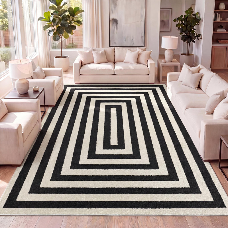 Isibeal Modern Classic Mitre Stripe Black/Ivory Rug, Rectangle 8'9" x 12'