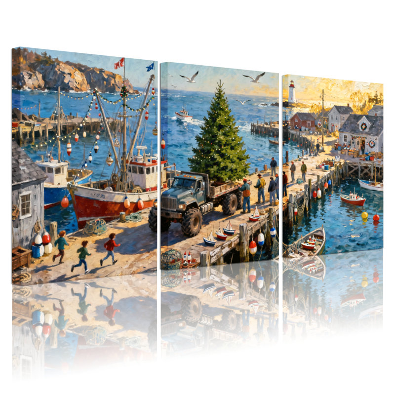 Scène de port de Noël avec arbre de Noël et bateau, ensemble de 3 impressions sur toile, H 18 po x l 36 po