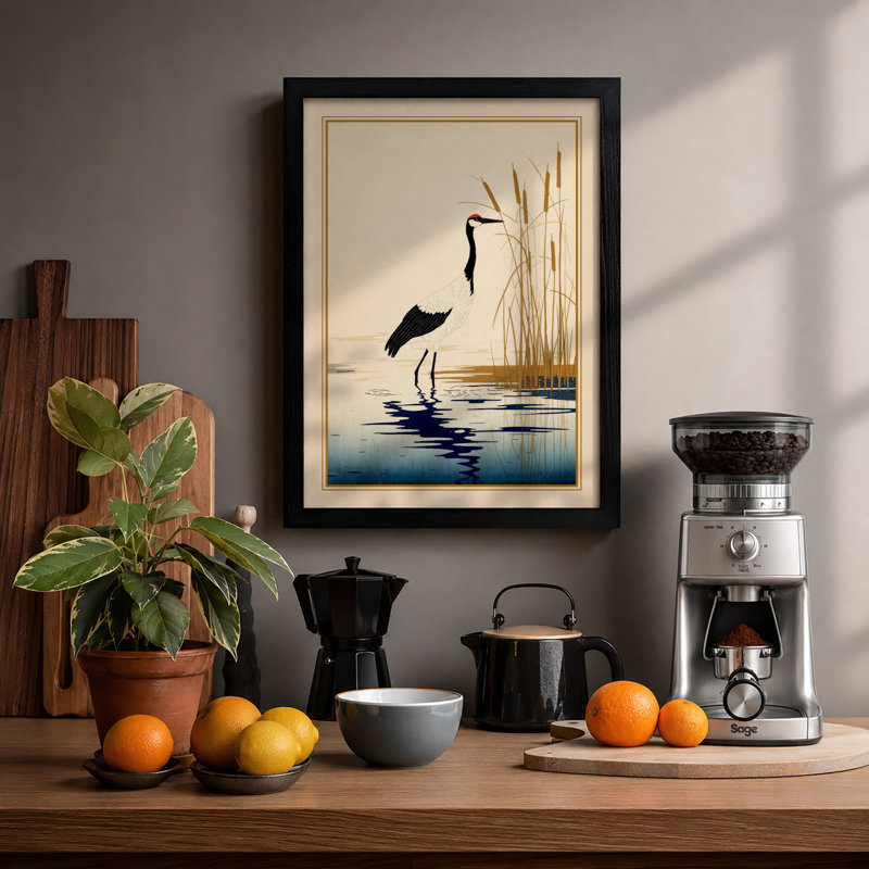 Heron in Reeds Japandi - Framed Print, Black, A3 - 42.0 x 29.7 cm