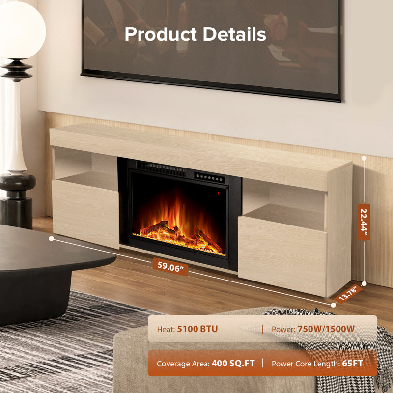 TV Stand for TVs up to 60" with Electric Fireplace with Remote Control,Adjustable Real 3d Flame Brightness, Light Oak