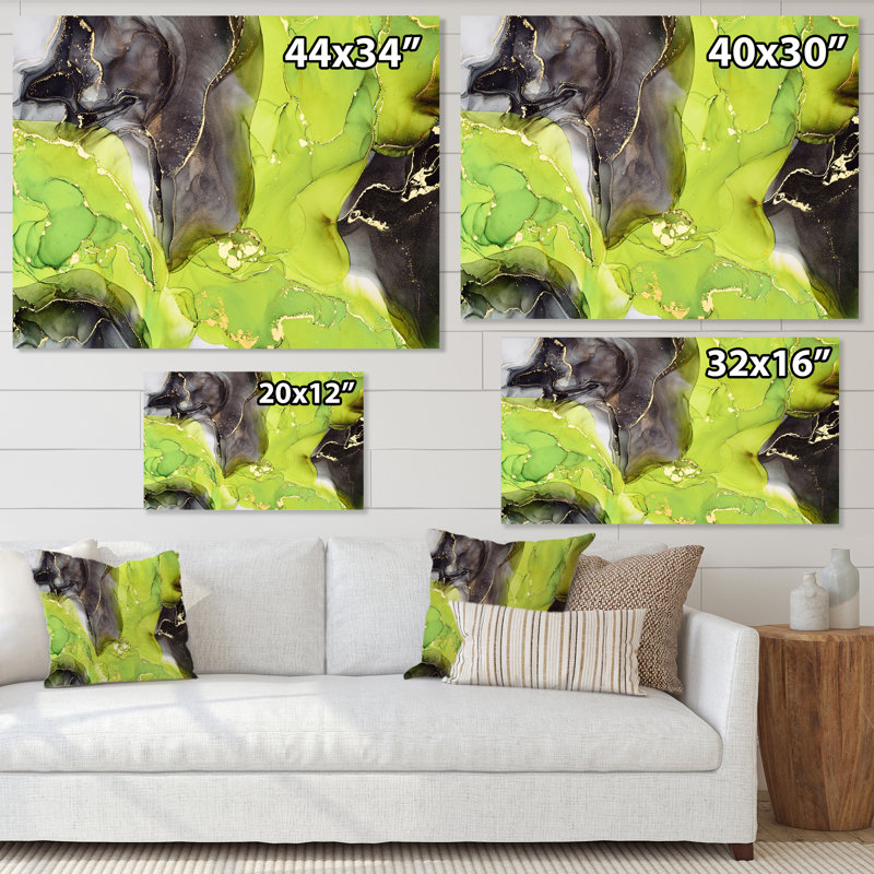 «Green and Black Luxury Abstract Fluid Art I», peinture sur toile, Toile tendue, H 12 po x l 20 po x P 1 po