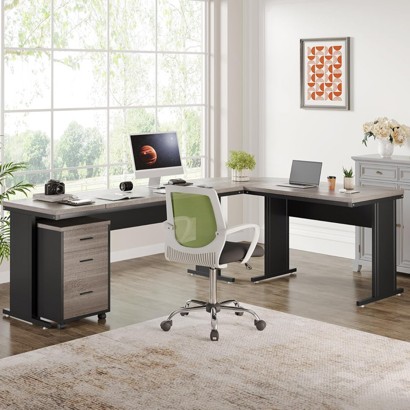 83 Inch L-Shaped Office Desk With 3-Drawer File Cabinet, Gray/Black