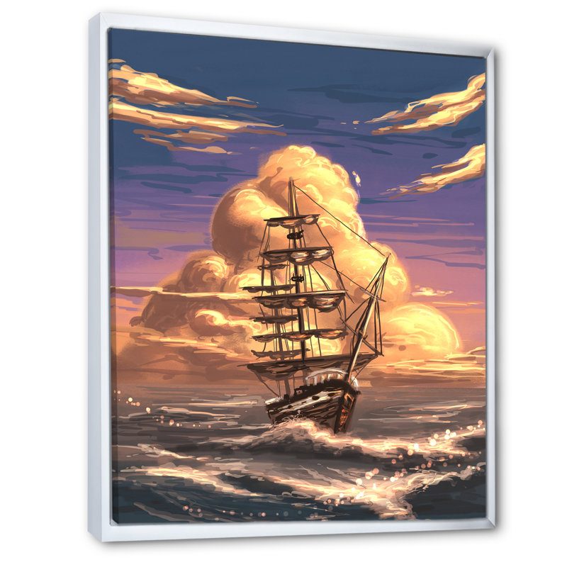 «Video Game Fantasy Ship Coastal Sunset», reproduction de photo sur toile, H 20 po x l 12 po x P 1 po, Cadre flottant blanc