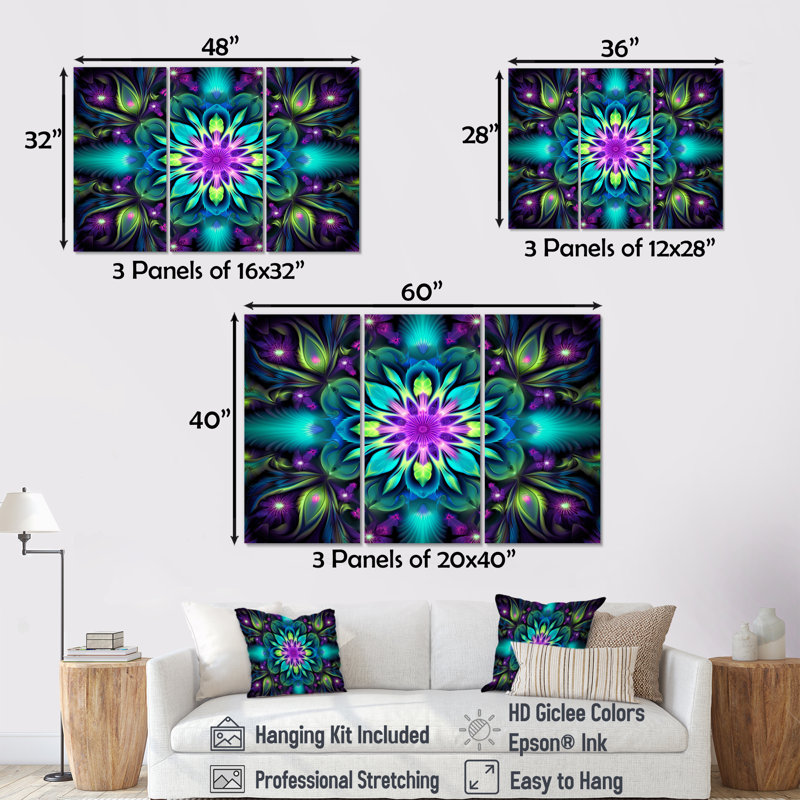 Turquoise néon fractal fleurs II - ensemble de décoration murale mandala boho, Toile tendue, H 28 po x l 36 po x P 1 po