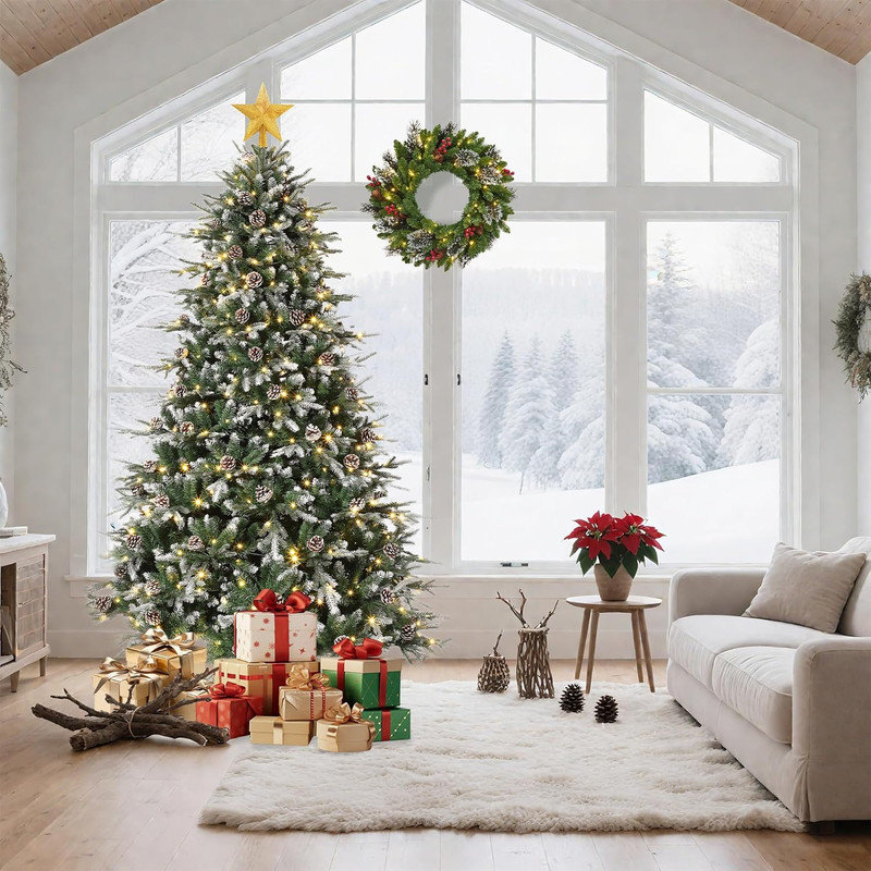 Arbre de Noël enneigé 6 / 7,5 / 9pi, 8 lumières DEL, auto-extensible, pommes de pin, 3.75'