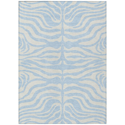 5' X 8' Sky Blue And Ivory Animal Print Washable Indoor Outdoor Area Rug