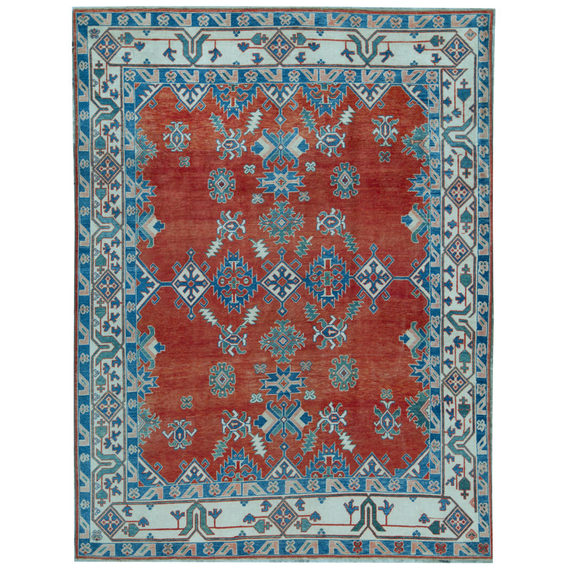 Wool Oriental Area Rug in Rust/Ivory/Blue, Rectangle 4'2" x 6'2"