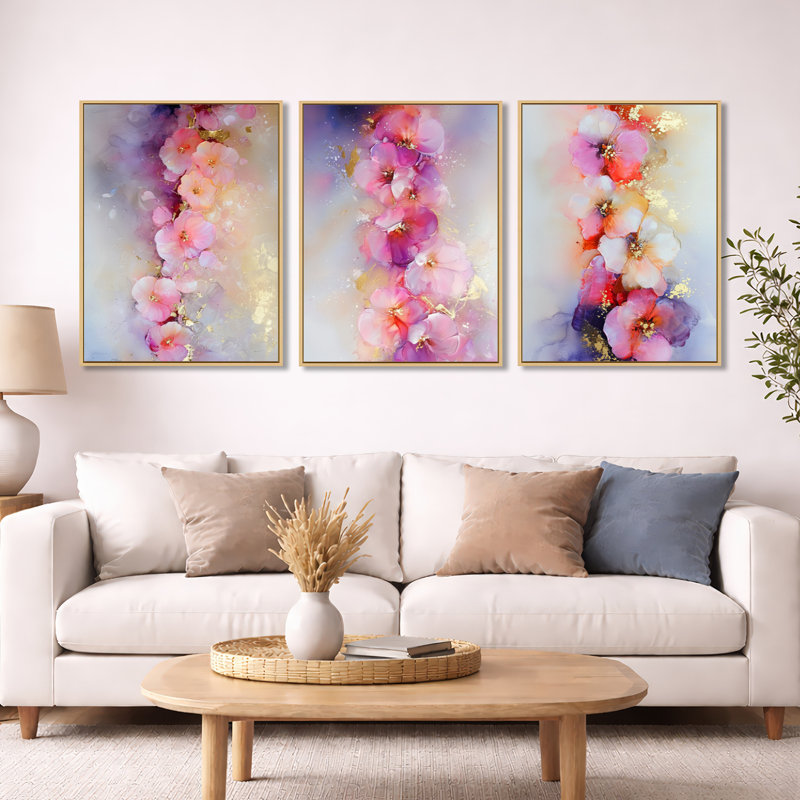 Fractale fleur de pétunias roses - art mural encadré 3 pétunias, Cadre flottant en bois naturel, 32" H x 72" W