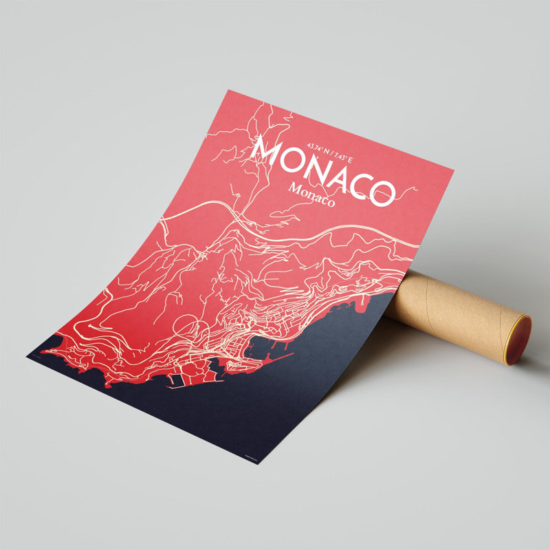 Monaco City Map, impression, Rouge / Bleu marine, H 24 po x l 18 po