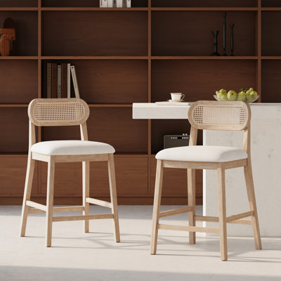 Alden 26.46" Seat Height  Modern Wabi-Sabi Rubber Wood Rattan Counter Stool with Upholstered Seat