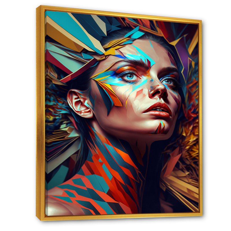 Portrait de femme cubique VI - Impression sur toile, H 40 po x l 30 po x P 1,5 po, Toile avec cadre flottant or