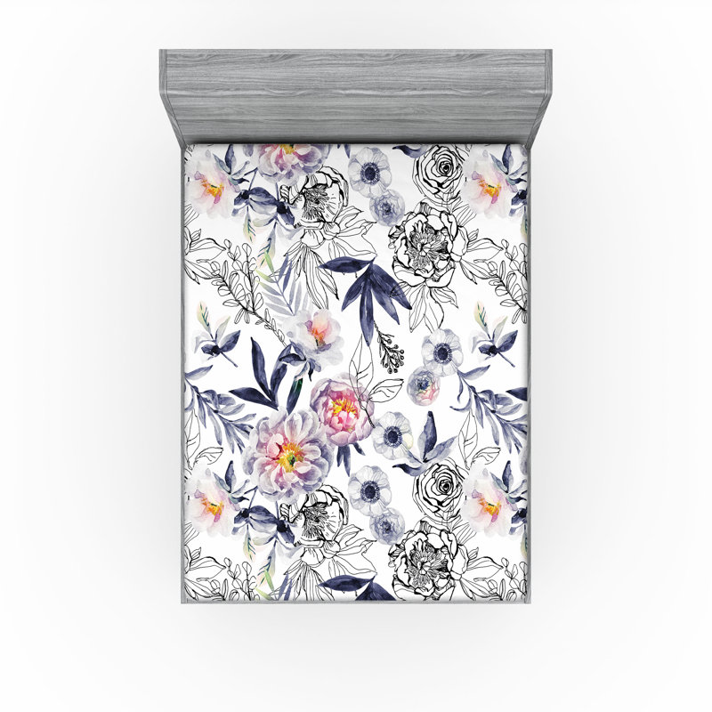 Drap-housse rustique Ambesonne, Drap-housse de taille très grand, Indigo foncé, rubis pâle / floral