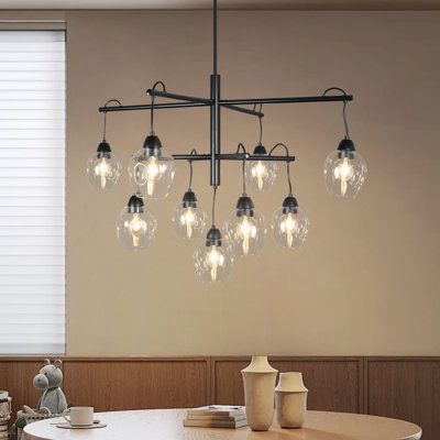 9-Light Adjustable Mid-Century Modern Chandelier, Black Metal Industrial Pendant Light With Glass Shades For Dining Room, Kitchen Island, Entryway, Bedroom
