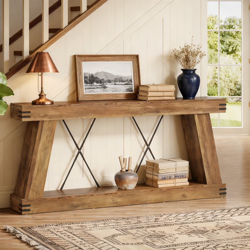 70.9-Inch Farmhouse Console Table With Storage, Narrow Wood Sofa Table For Hallway, Entryway, Living Room, Brown