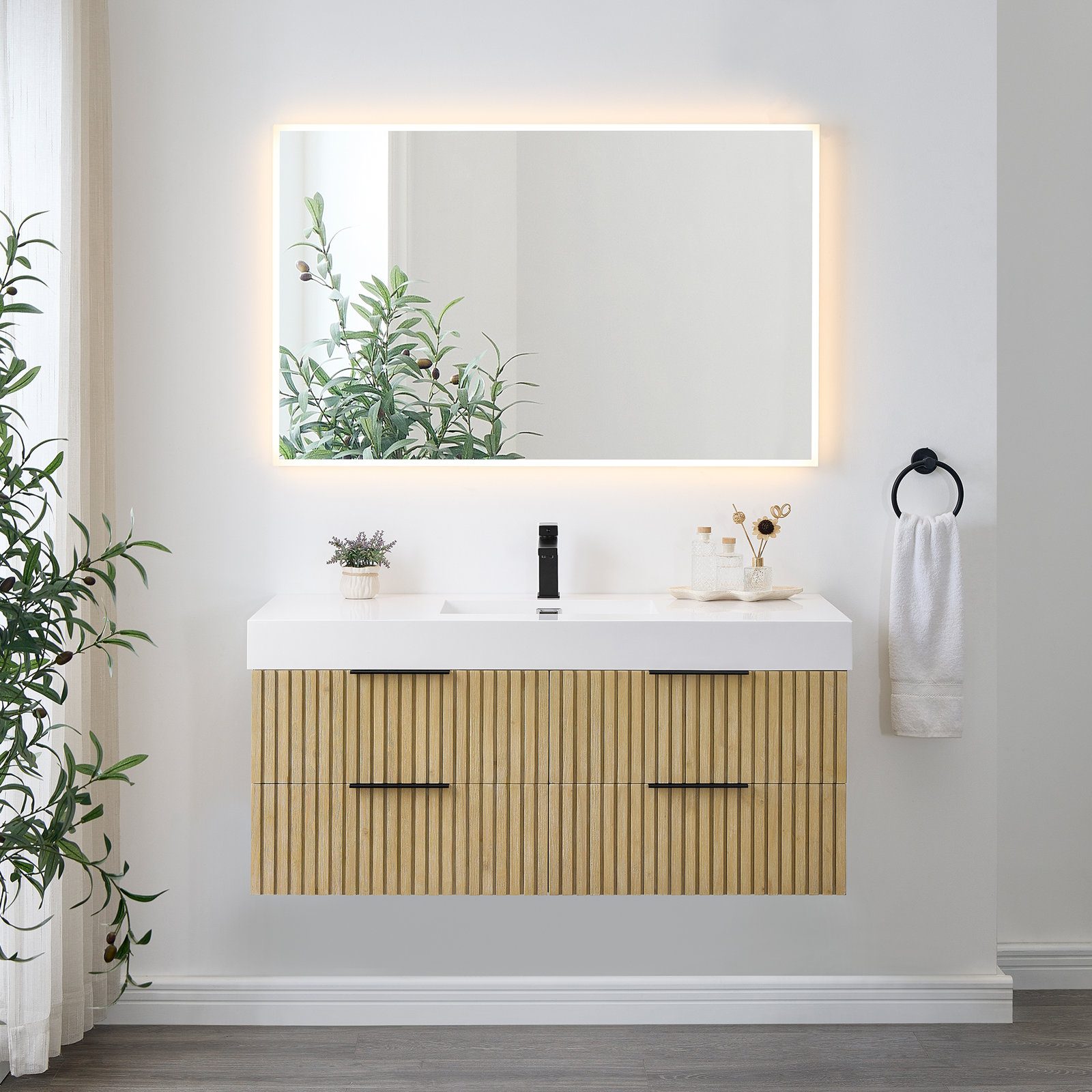 Livia 48" Wall-mounted Single Bathroom Vanity with White Artificial Drop-in Sink with Mirror