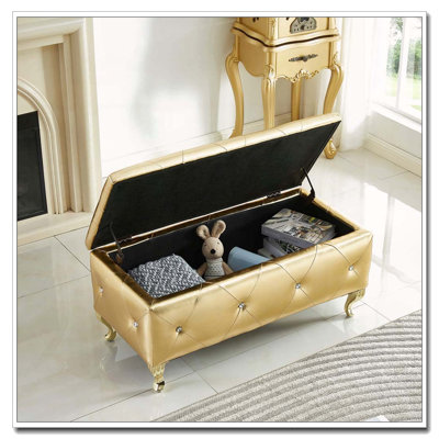 Banc de rangement avec repose-pieds en similicuir et boutons en cristal