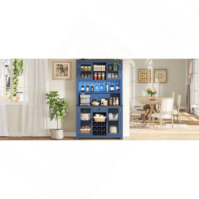 Armoire-buffet rustique 70,9 "avec garde-manger et portes à DEL avec armoire et porte-bouteilles pour la salle à manger, bleu marine