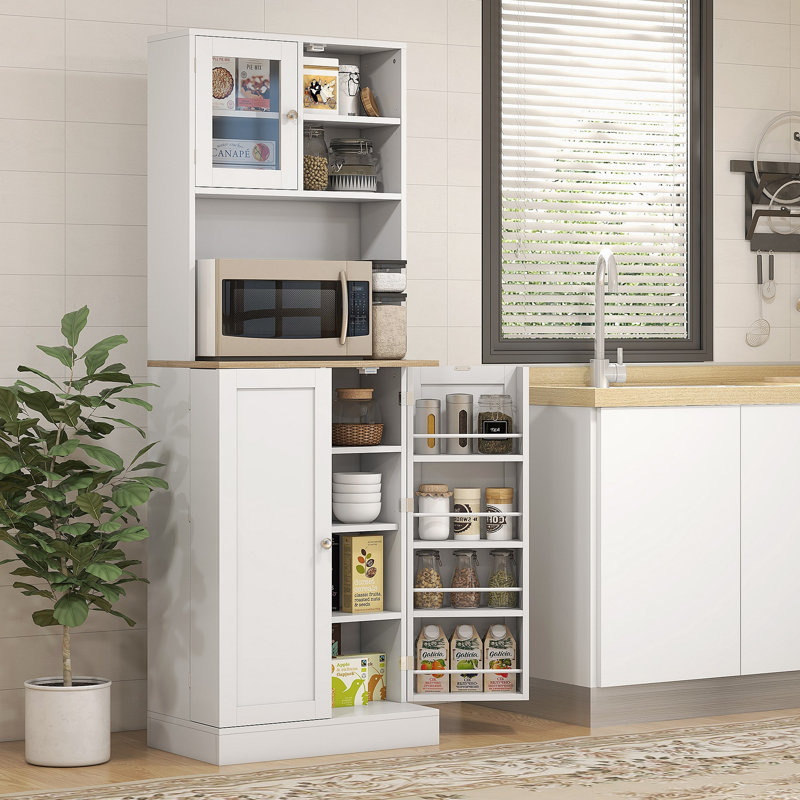 Garde-manger avec support à micro-ondes, armoire de rangement de cuisine autoportante avec huche, 8 tablettes de porte, tablettes réglables, garde-manger