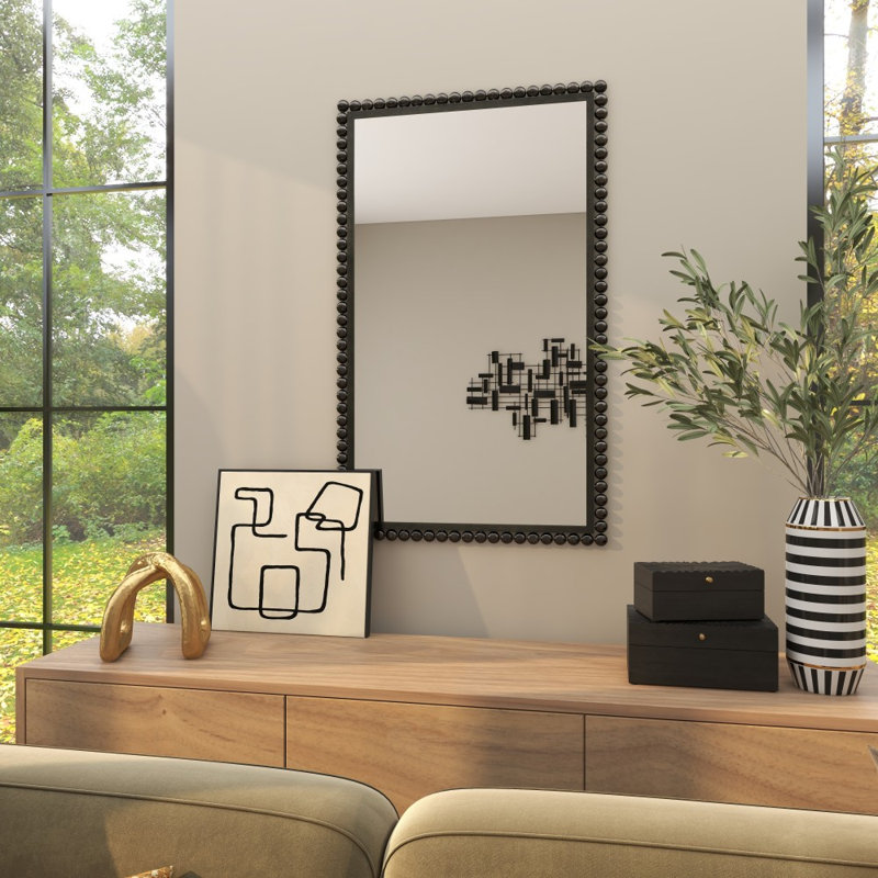 Metal Wall Mirror with Beaded Detailing, Black