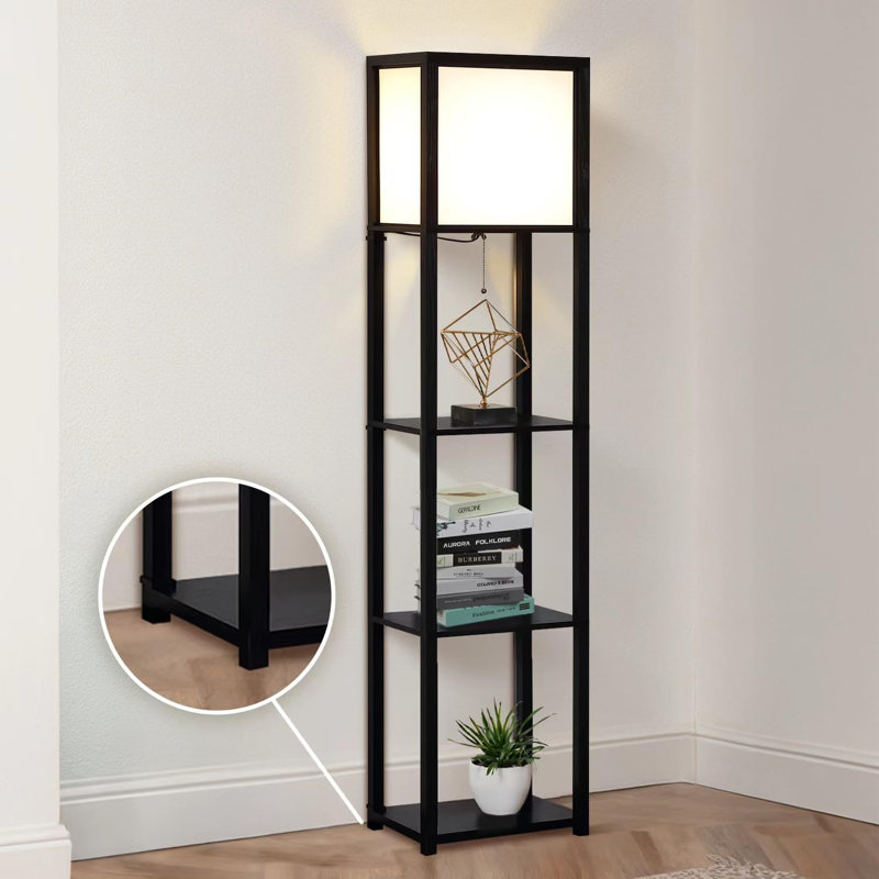 Lampe sur pied moderne à 4 niveaux avec tablettes, tablette d'angle avec ampoule DEL, conception peu encombrante pour le salon, la chambre à coucher et le bureau - noir