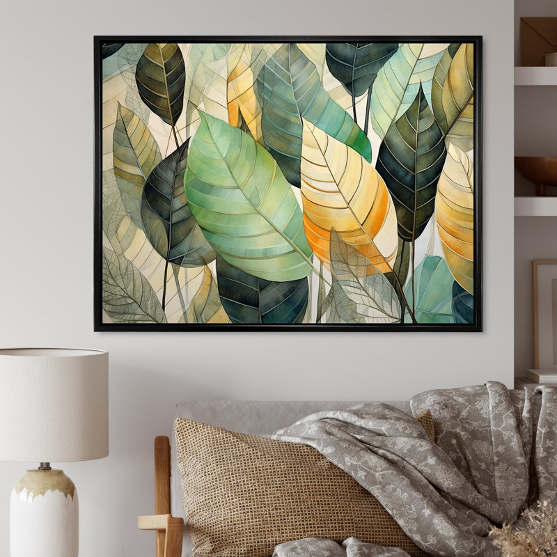 Feuilles vertes et jaunes tranquillité sur toile, H 34 po x l 44 po x P 1,5 po, Cadre flottant noir