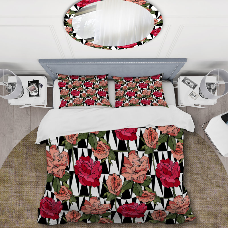 Roses rouges et feuille verte - ensemble de housse de couette à motif floral - microfibre de polyester