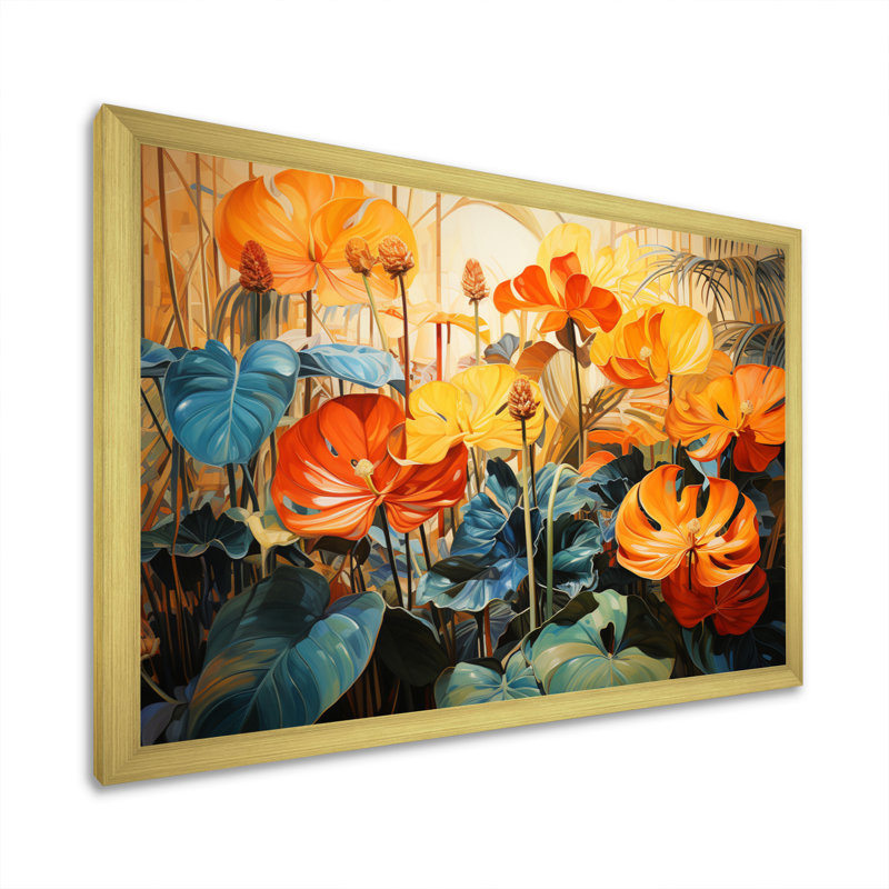 Plantes tropicales orange et vertes IV sur toile, Encadrement doré, H 30 po x l 40 po x P 1,5 po