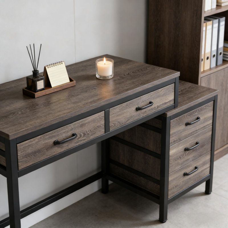 Table d'écriture avec 5 tiroirs, Gris