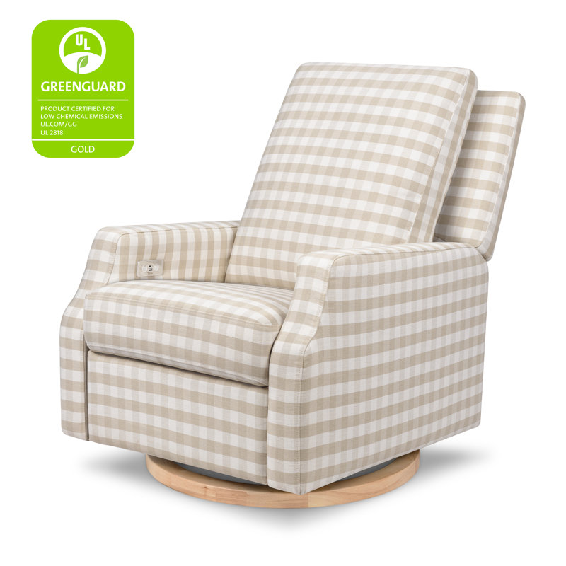 Crewe Electronic Recliner and Swivel Glider in Eco-Performance Fabric, Tan Gingham with Light Wood Base