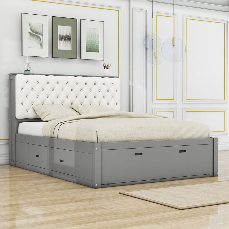 Briannie Platform Bed with with Storage Headboard and 4 Drawers, Gray