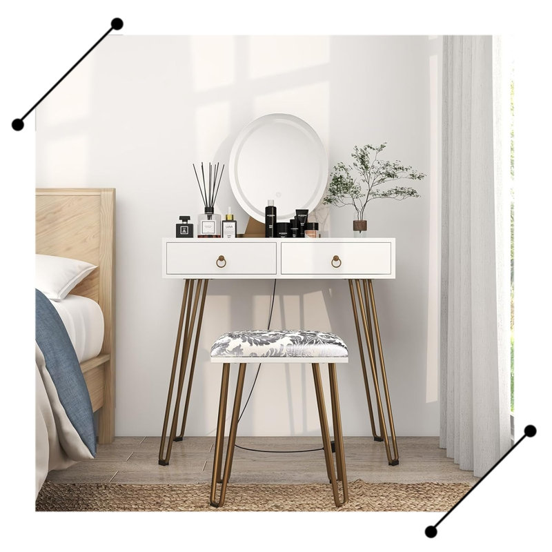 Table with Mirror Lamp,Dressing Table with 2 Drawers