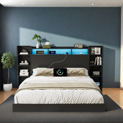 Twin Floating Bed Frame with Storage Headboard, USB Charging Station and LED Light