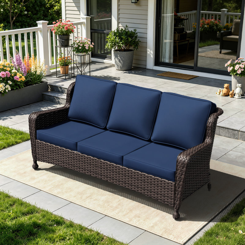 3-Seat Outdoor PE Wicker Patio Sofa with 4" Blue Cushions, Blue