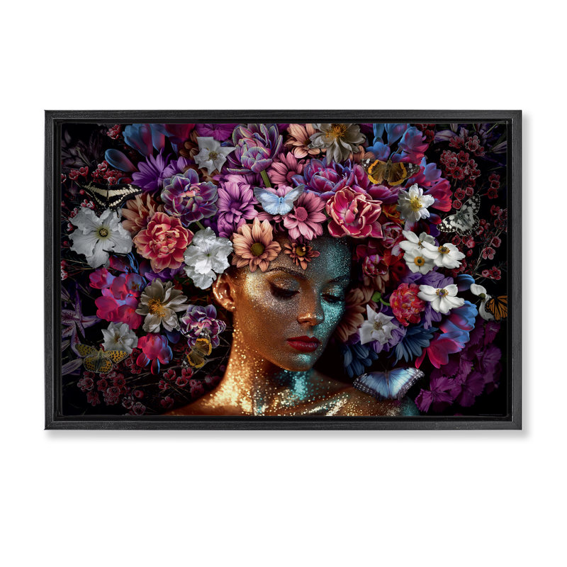 «Glitz Woman with Florals», toile flottante encadrée par Reinders, H 21 po x l 31 po, Cadre flottant noir de jais