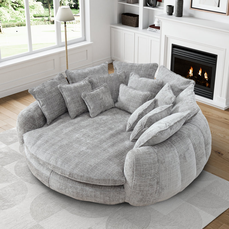 Oversized Compression Bean Bag Sofa - Large Round Loveseat With Pillows, Light Gray Chenille