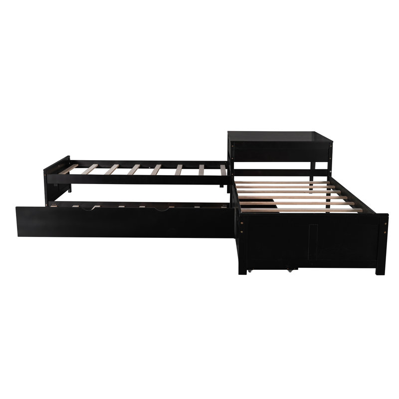Lit d'angle en forme de L avec lit gigogne, tiroirs de rangement et bureau intégré, Espresso