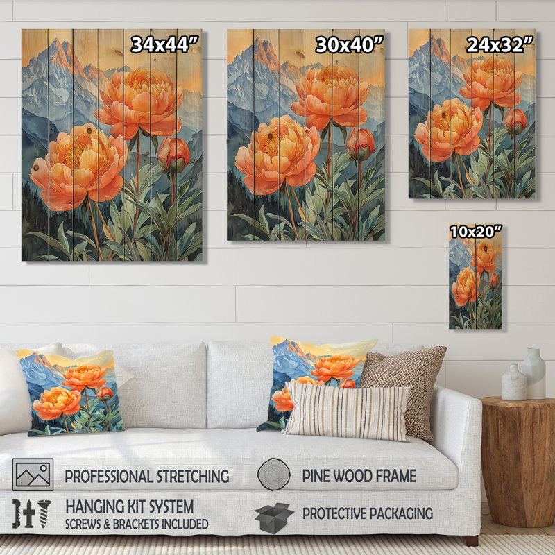 Les pivoines d'été et le lever du soleil I - impression de pivoines sur bois de pin naturel, H 44 po x l 34 po x P 0,78 po