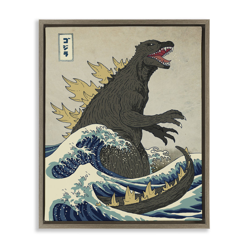 Illustration nautique de style oriental Godzilla, H 17 po x l 21 po, Cadre flottant orme Montalcino