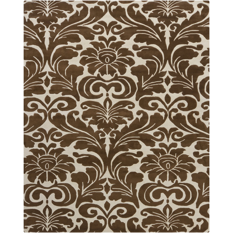 Tapis floral brun / brun clair en laine fait à la main, Rectangle 6 pi x 9 pi