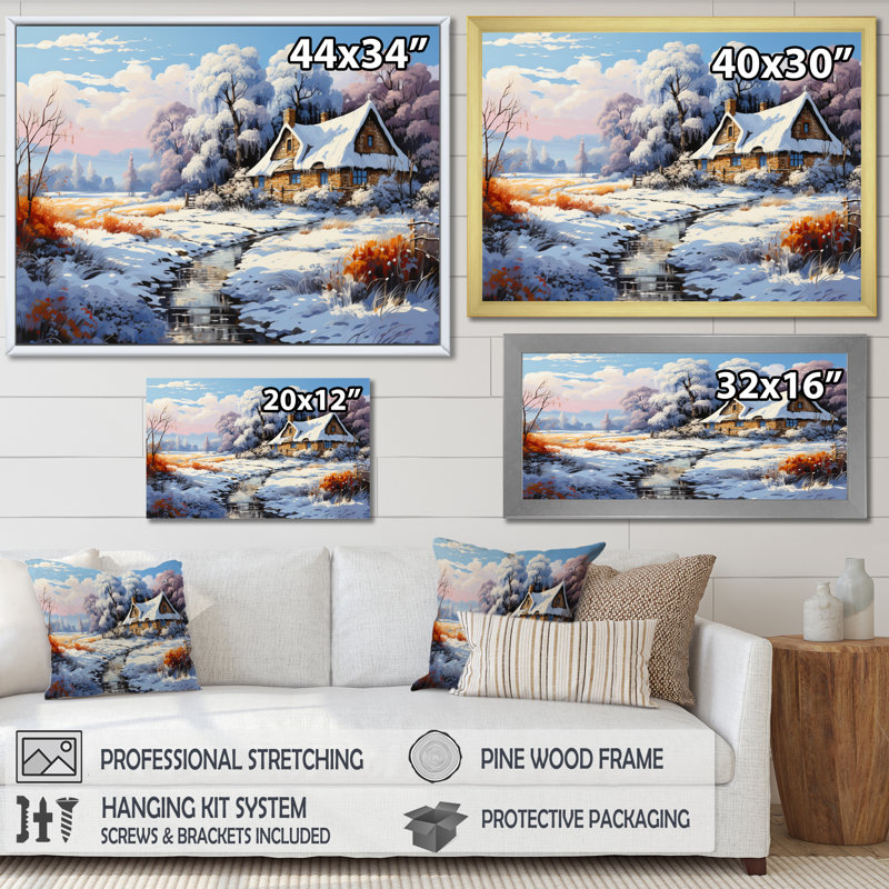 «Winter Village Landscape III», reproduction sur toile, H 34 po x l 44 po x P 1,5 po, Cadre flottant noir