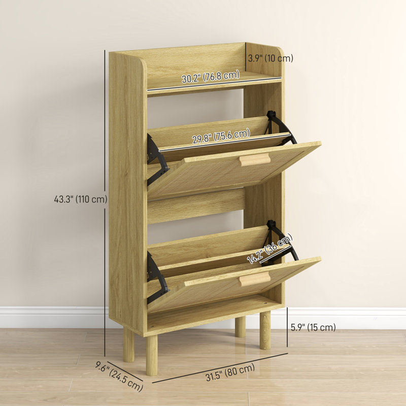 Narrow Shoe Cabinet with 2 Rattan Flip Drawers for 12 Pairs