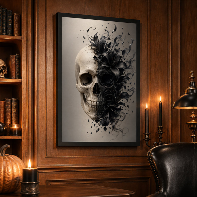 Crâne noir et blanc avec lys, art mural d'Halloween, H 18 po x l 12 po